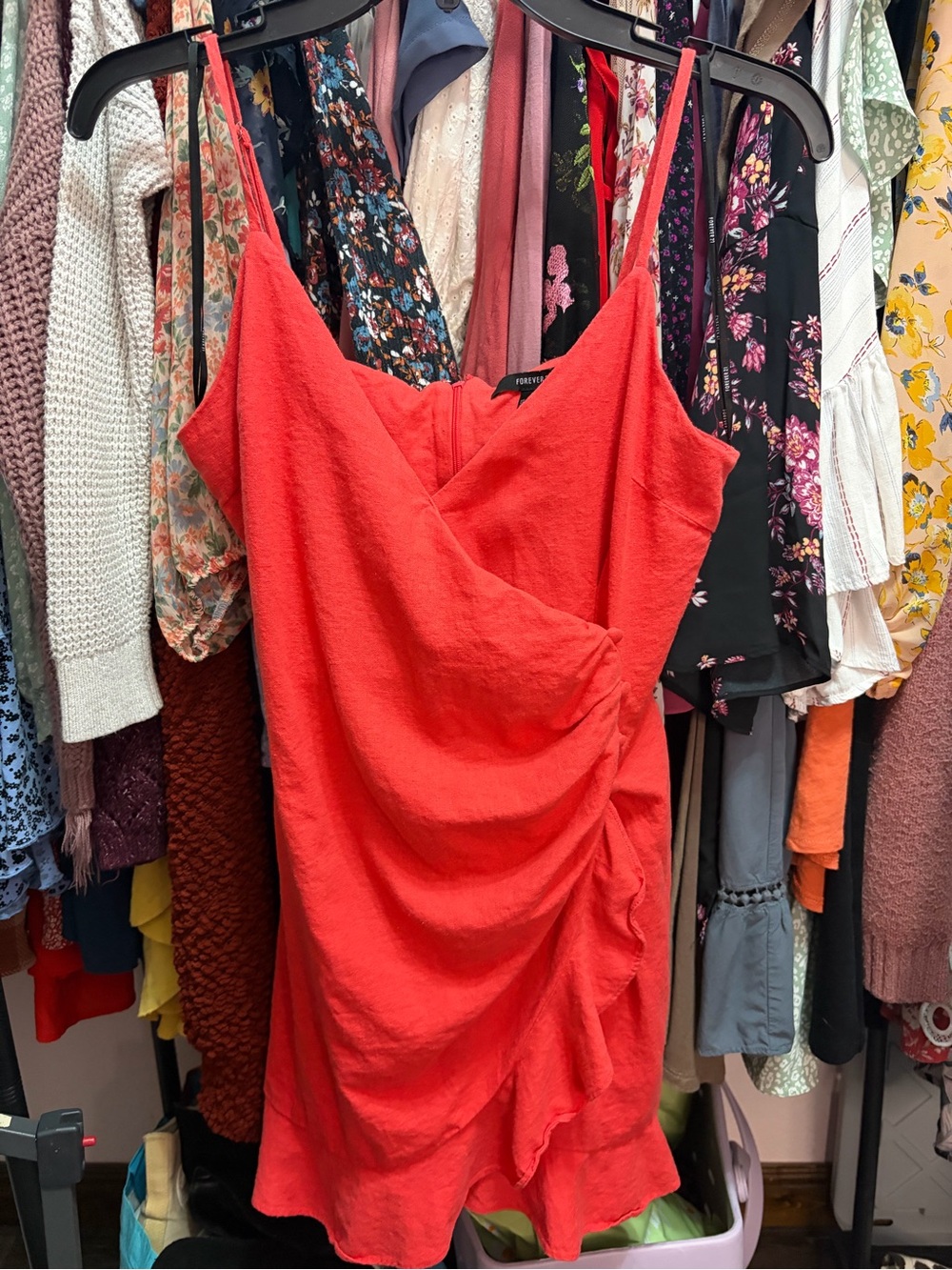 Forever 21 Coral-Red Draped Ruched Mini Slip Dress
